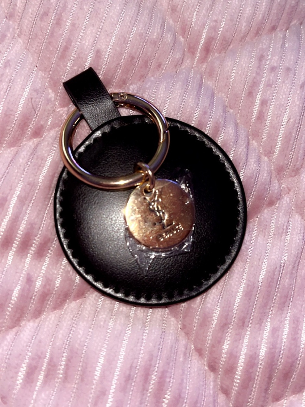 Yves Saint Laurent Black Leather Round Key Ring with Gold YSL Medallion